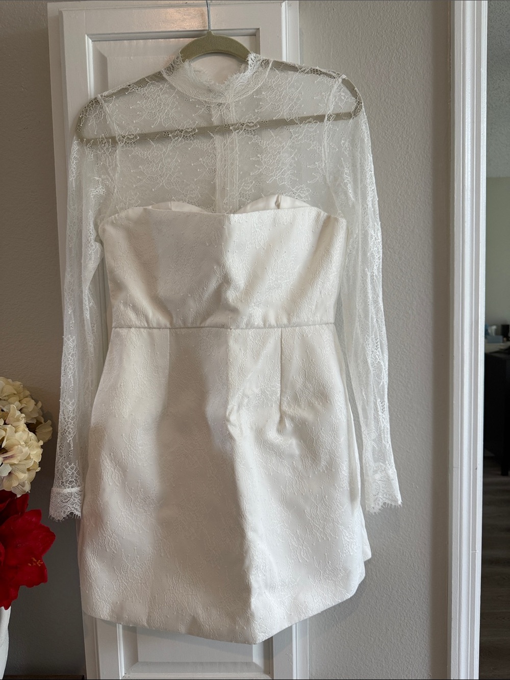 Sheer Long-Sleeve Ivory Lace Strapless Mini Dress